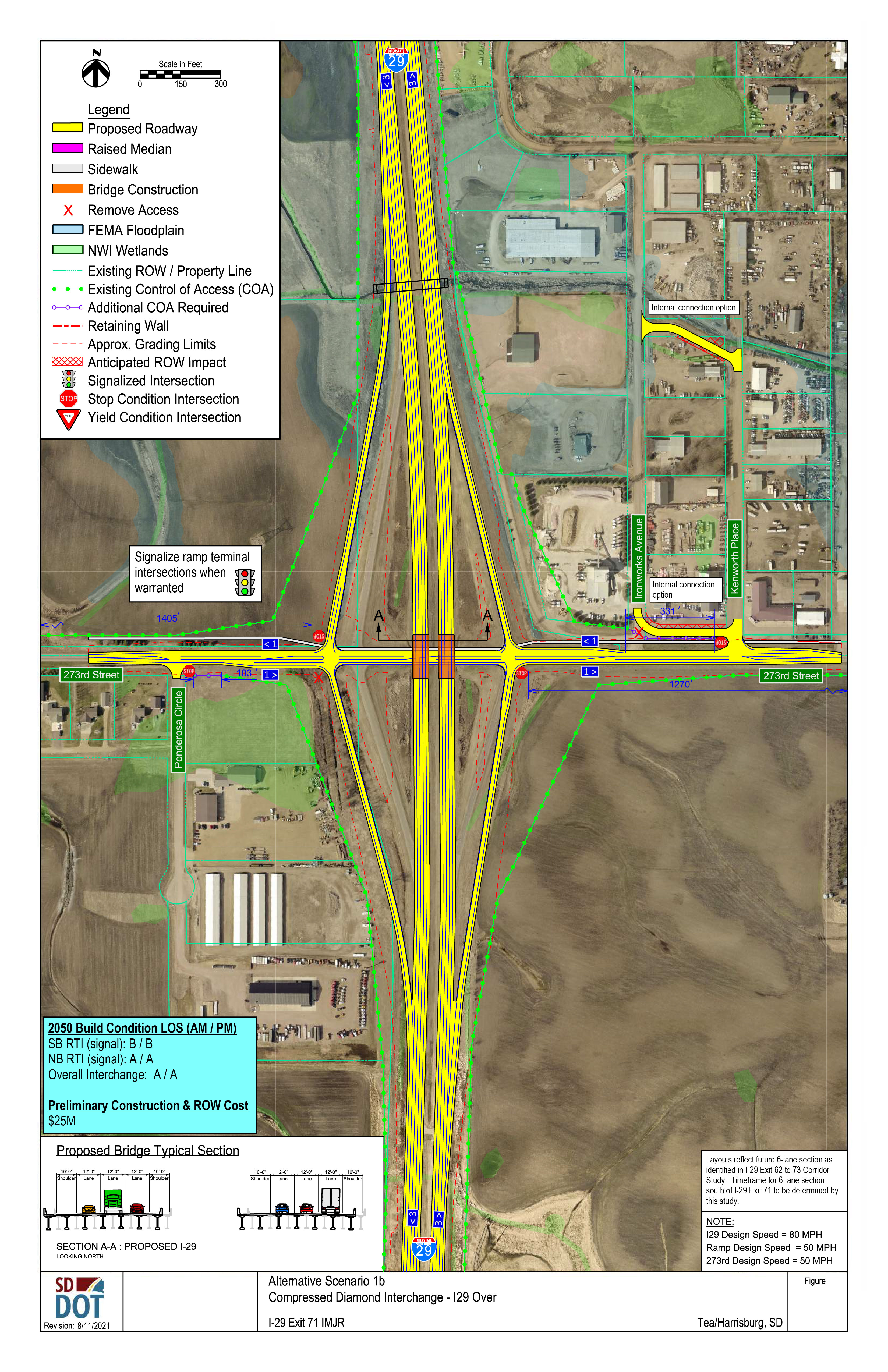This image shows the conceptual layout of a Compressed Diamond Interchange, and what the road over it would look like. Details on the diagram include proposed roadway, raised median, sidewalk, bridge construction, access control, FEMA floodplain, NWI wetlands, existing Right of Ways and property lines, existing control of access points, additional control of access points needed, retaining walls, grading limits, anticipated right of way impacts, signalized intersections, stop condition intersections and yield condition intersections.