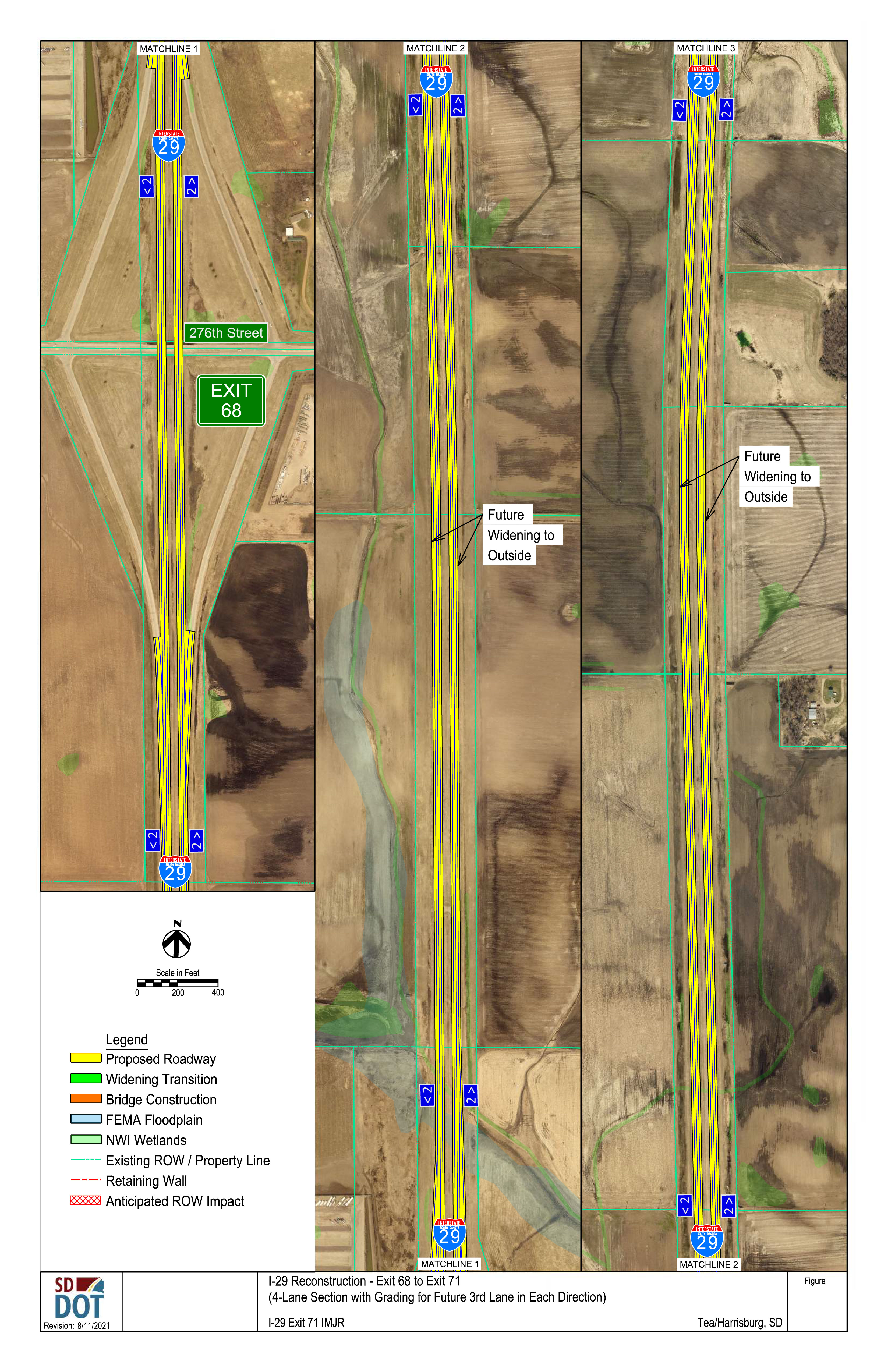 This image shows the conceptual layout of a 4-lane section with grading for a future third lane in each direction from Exits 68 to 71. Details on the diagram include the proposed roadway, the widening transition, bridge construction, FEMA floodplain, NWI Wetlands, existing right of way and property lines, retaining walls and anticipated right of way impacts. 