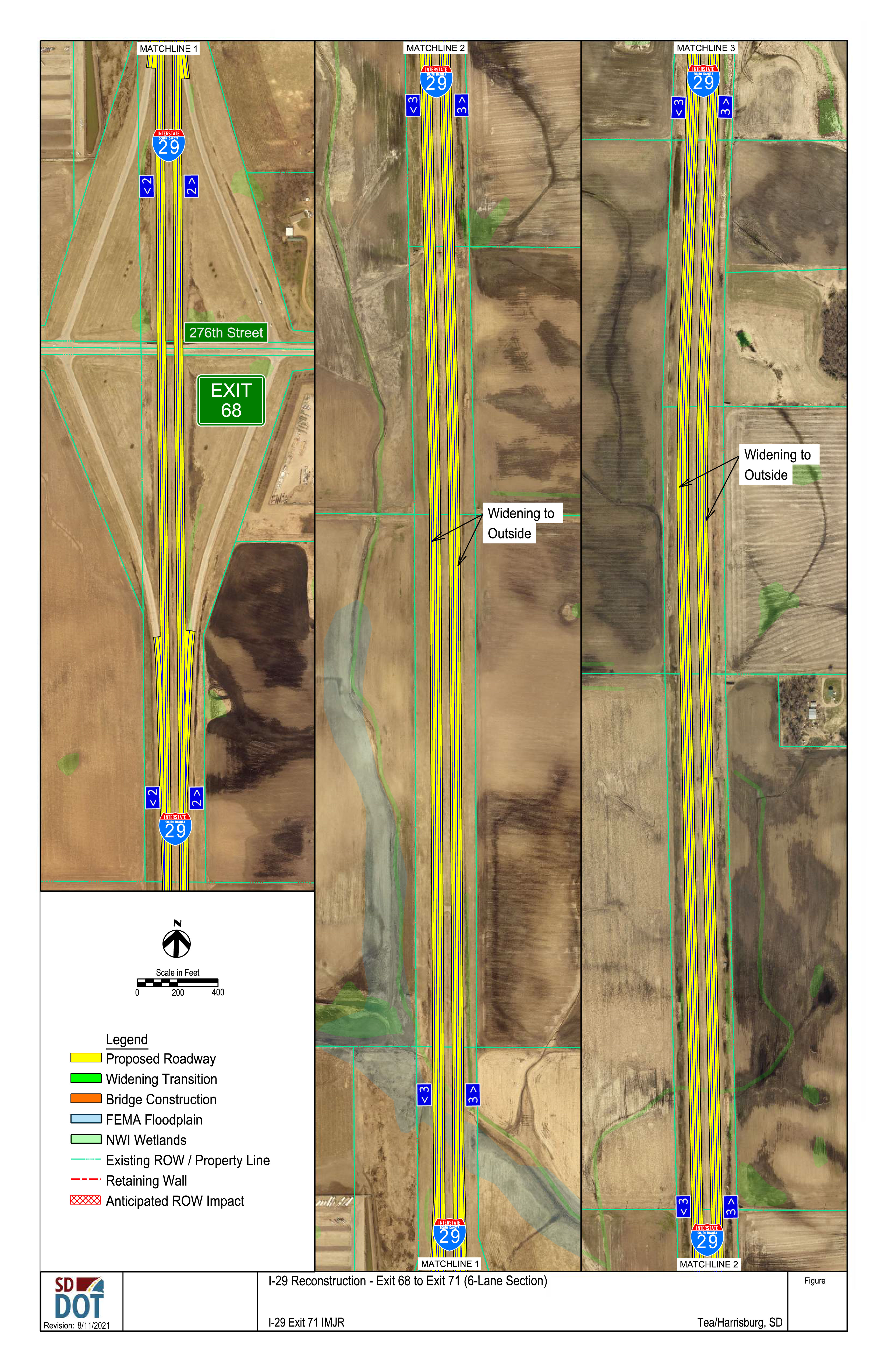 This image shows the conceptual layout of a 6-lane construction from exits 68 to 71. Details on the diagram include the proposed roadway, the widening transition, bridge construction, FEMA floodplain, NWI Wetlands, existing right of way and property lines, retaining walls and anticipated right of way impacts.