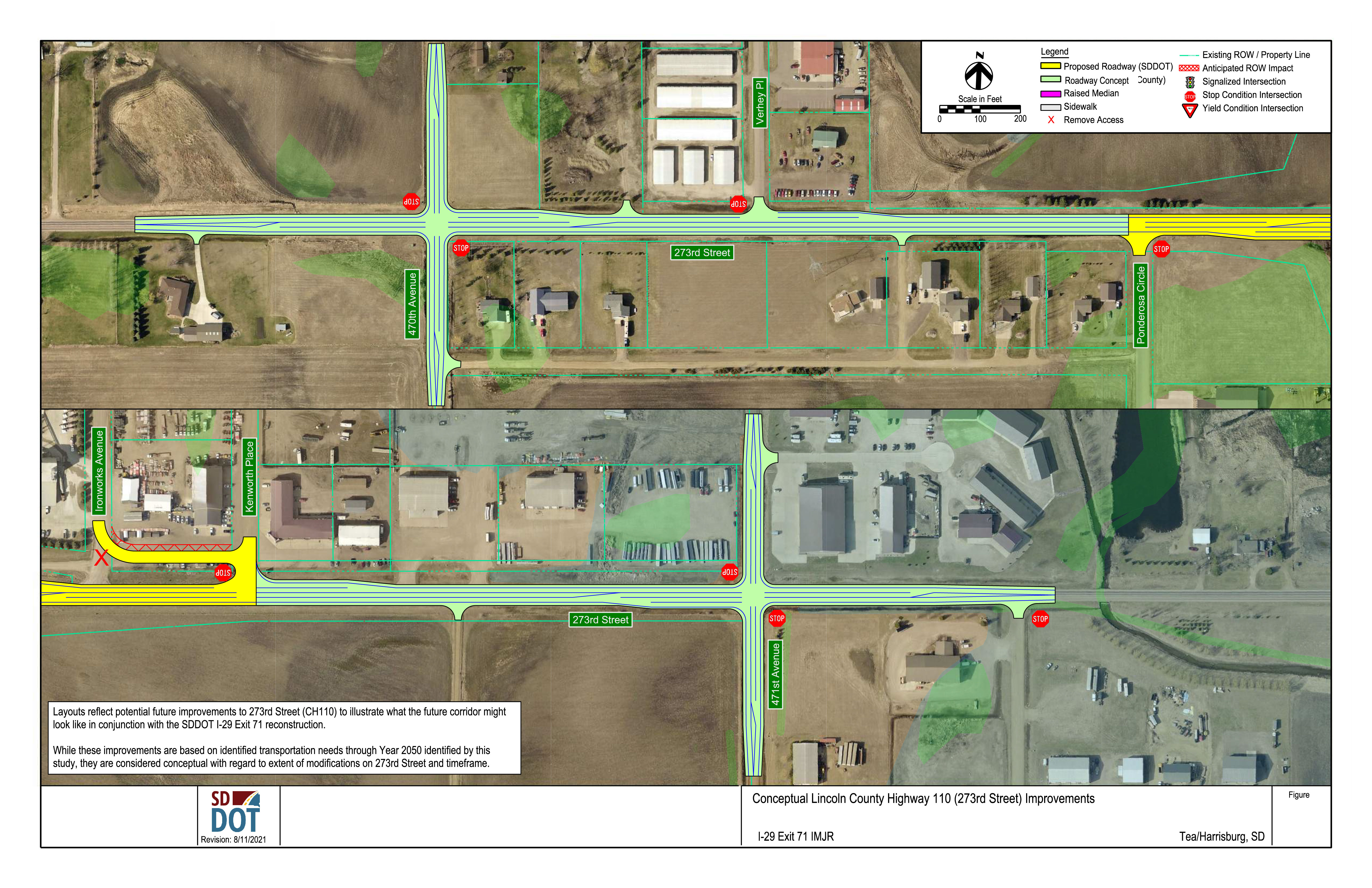 This image shows a conceptual layout for County Highway 10/273rd Street. Details on the diagram include proposed roadway, roadway concept, raised median, sidewalk, removed access, existing right of way/property lines, anticipated right of way impacts, signalized intersections, stop condition intersections and yield condition intersections. 