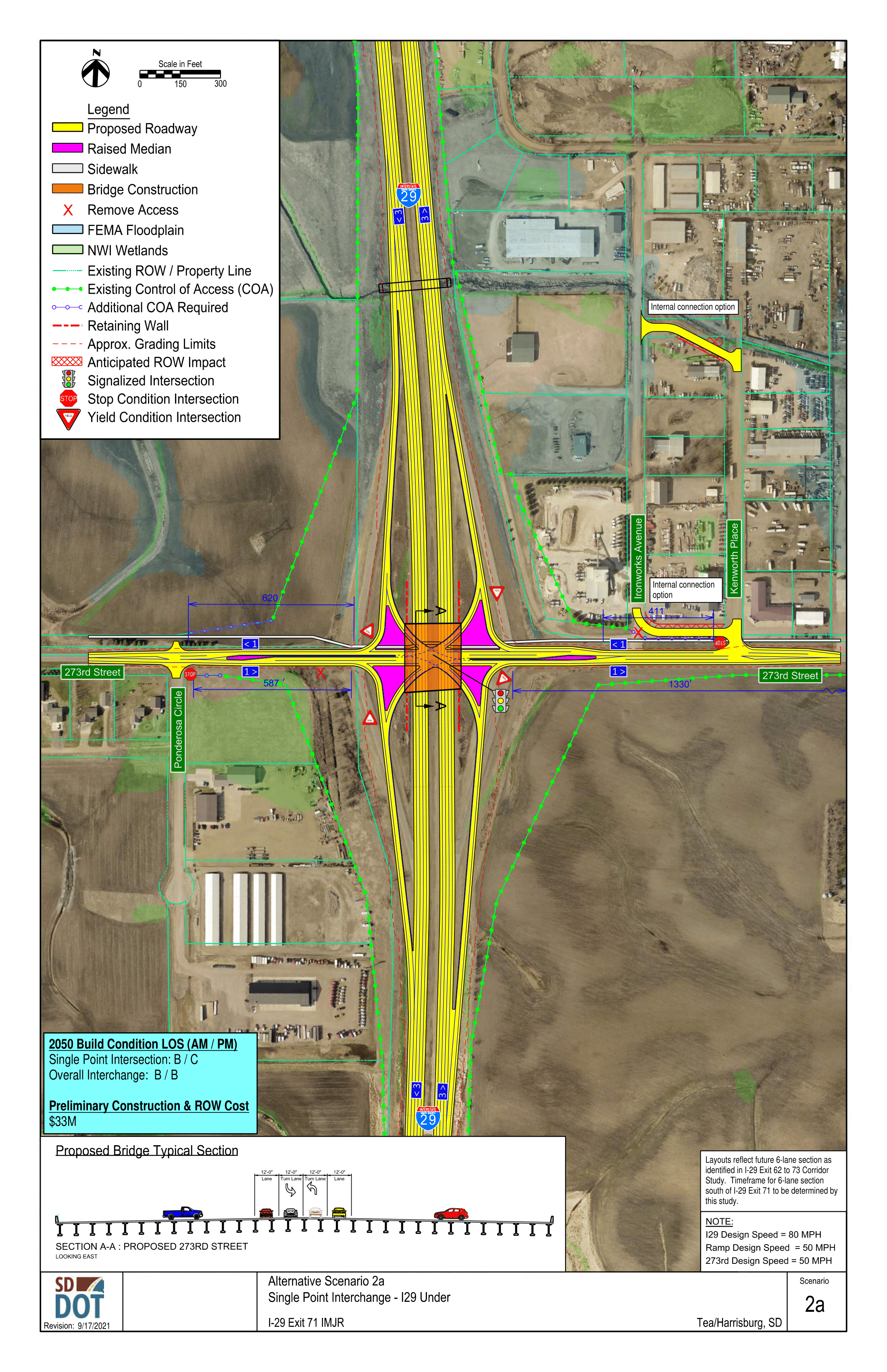 This image shows the conceptual layout of a Single Point Interchange, and what the road under it would look like. Details on the diagram include proposed roadway, raised median, sidewalk, bridge construction, access control, FEMA floodplain, NWI wetlands, existing Right of Ways and property lines, existing control of access points, additional control of access points needed, retaining walls, grading limits, anticipated right of way impacts, signalized intersections, stop condition intersections and yield condition intersections.
